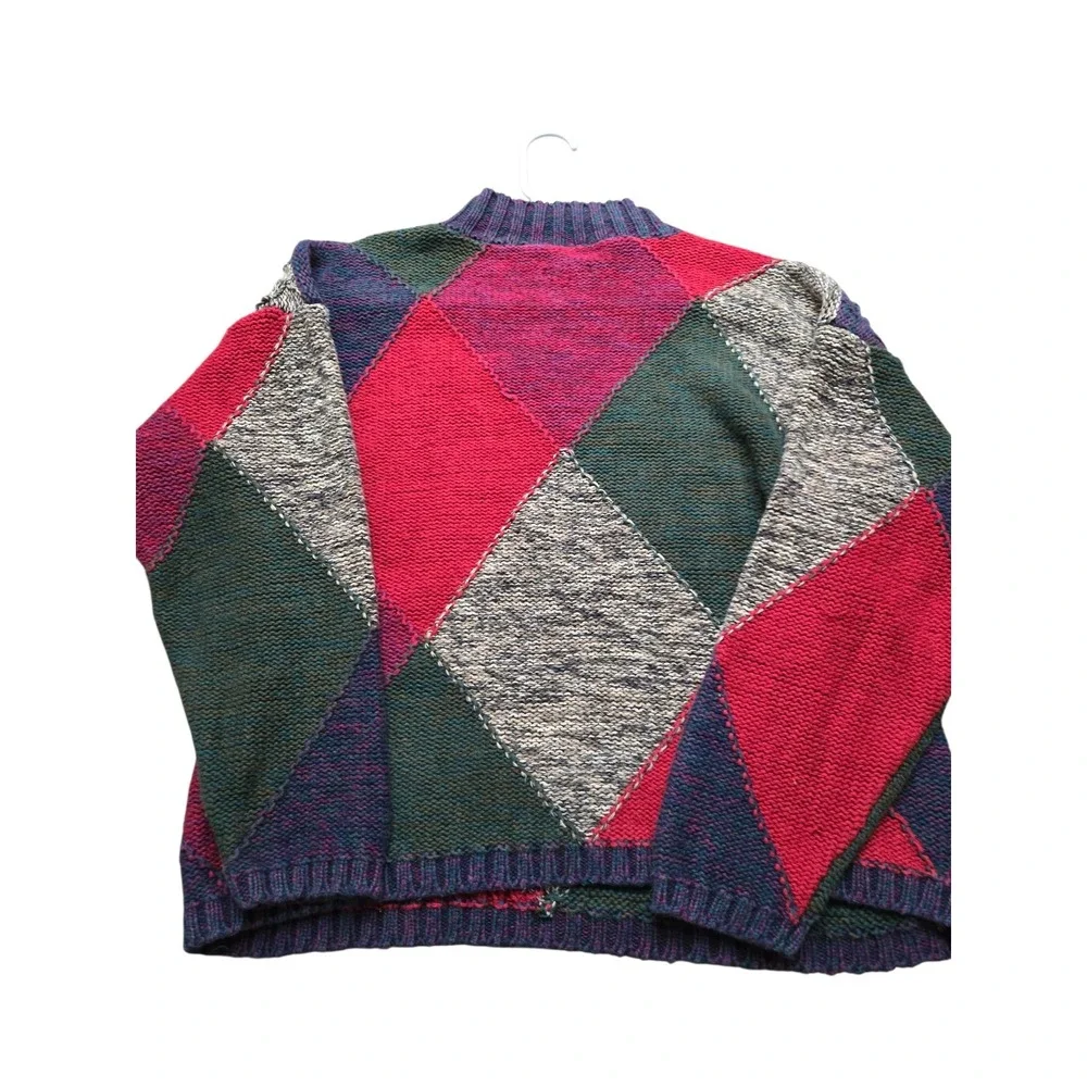 Vintage Casual Corner Chunky Sweater Med Diamond Argyle Green‎ Burgundy Tan EUC